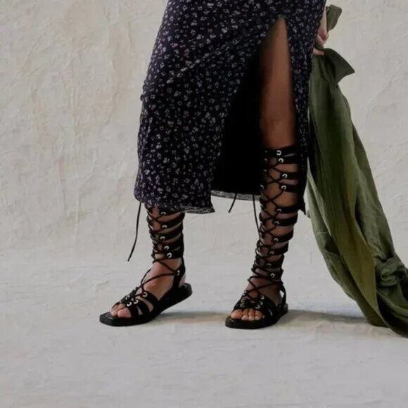 NEW Free People | Sun Chaser Tall Gladiator Sandal in Black Suede (38/US 7.5) - Picture 2 of 13